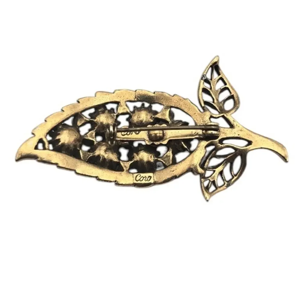 Coro Amber Rhinestone Leaf Brooch Gold Tone Vintage Mid Century Nature Elegance